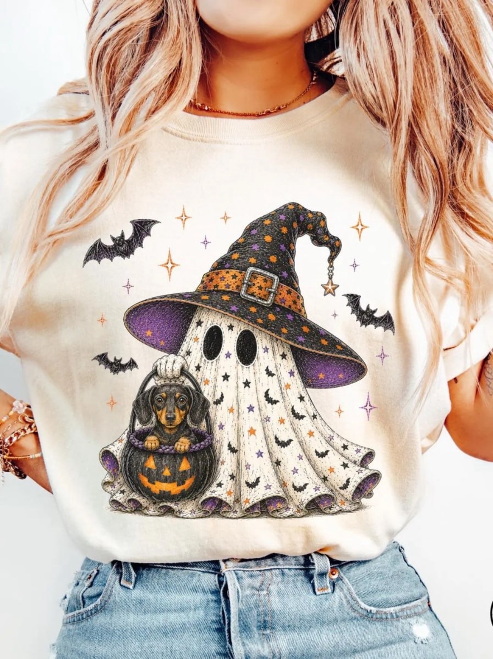 Halloween Ghost & Dachshund Graphic Tee - Off White